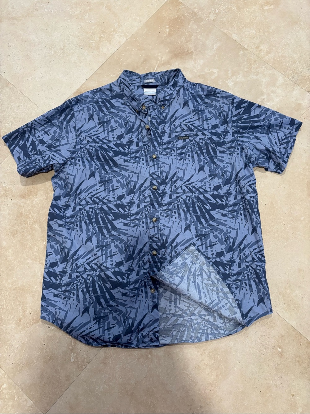 Men's Columbia Short Sleeve Button-Up Shirt - Blue Palm Print - XL
